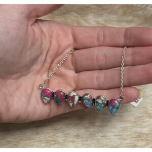 Native American SW Sterling Silver & Cotton Candy Dahlia 6 Stone Bar Necklace